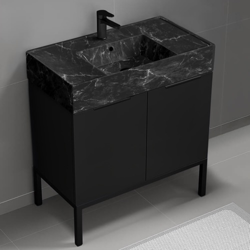 Nameeks DERIN993 Free Standing Bathroom Vanity With Black Marble Design Sink, Matte Black, Modern, 32 Inch